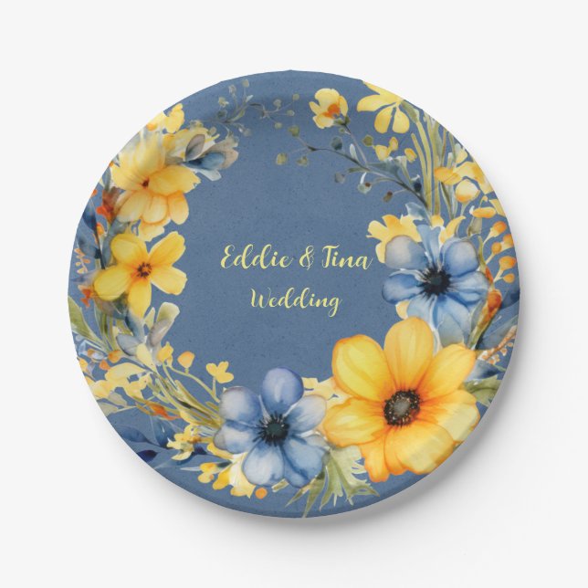 Blue and Yellow Peony Wreath Floral Wedding Paper Plates (Front)