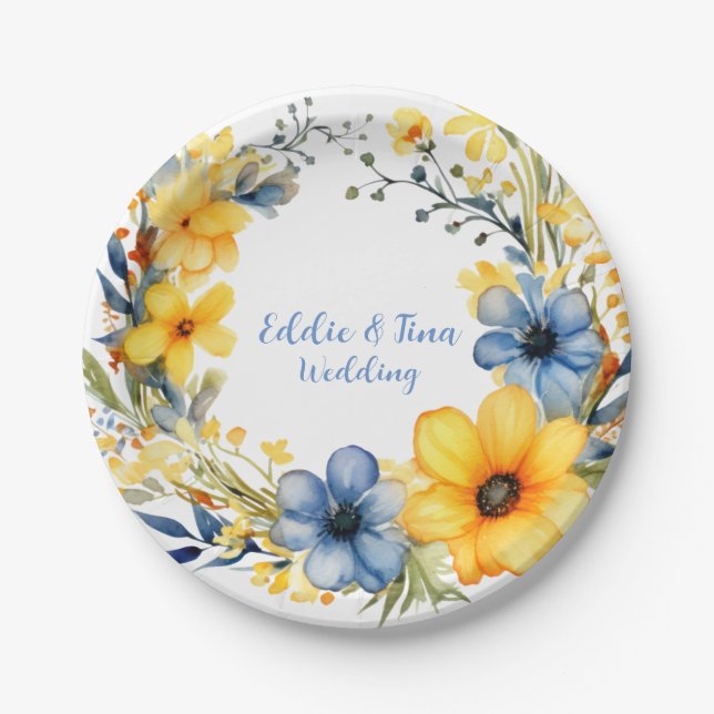 Blue and Yellow Peony Wreath Floral Wedding Paper Plates (Front)