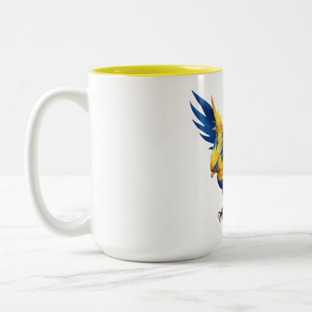 Blue and Yellow Pheonix  Two-Tone Coffee Mug (Left)