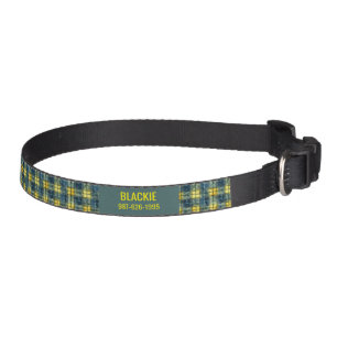 Blue and Yellow Plaid Dog Collar with Name Number