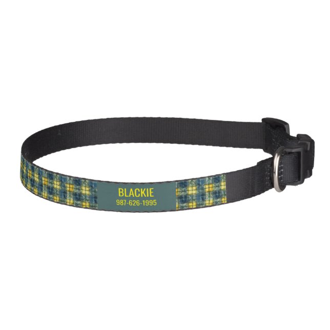 Blue and Yellow Plaid Dog Collar with Name Number (Right)