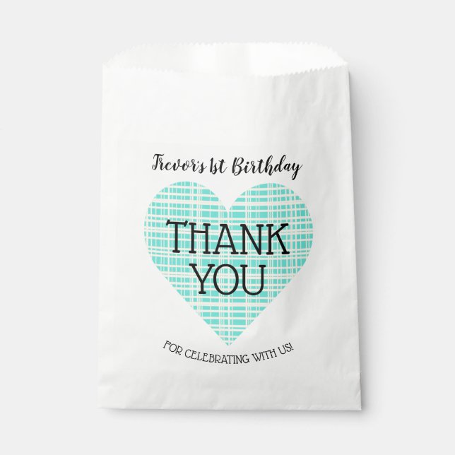 Blue and Yellow Plaid Heart Kid's Birthday Favor Bag (Front)