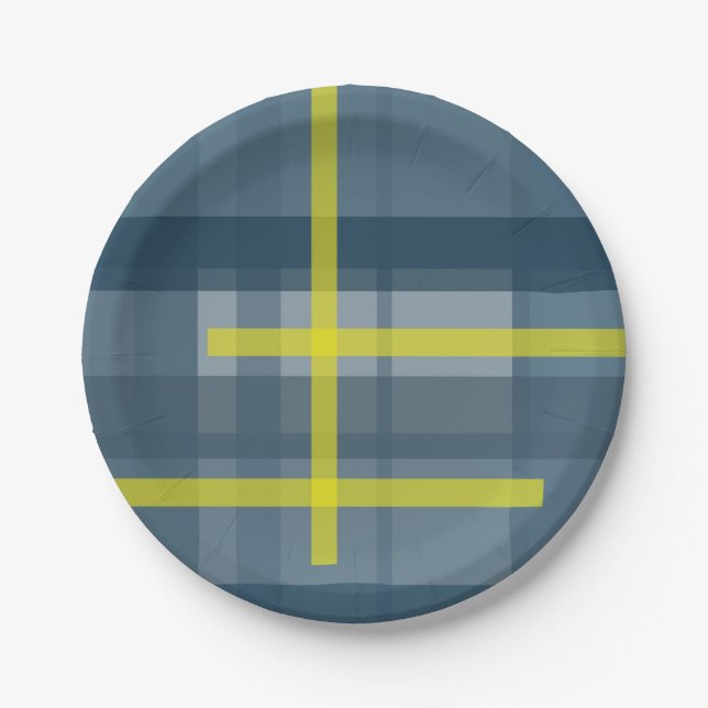 Blue and yellow plaid pattern paper plates (Front)