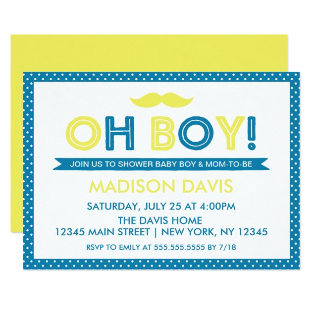 Blue And Yellow Polka Dot Oh Boy Baby Shower Invitation
