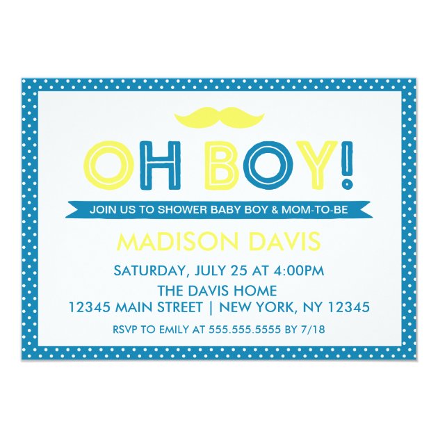 Blue And Yellow Polka Dot Oh Boy Baby Shower Invitation