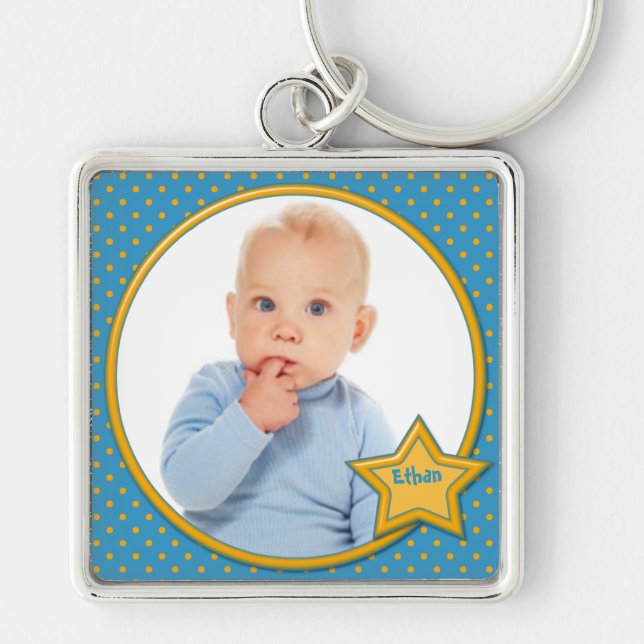 Blue and Yellow Polka Dot Photo Keychain (Front)