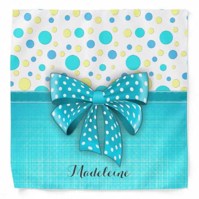 Blue and Yellow Polka Dots, Turquoise Blue Ribbon Bandana (Front)