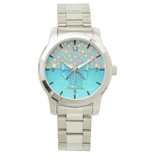 Blue and Yellow Polka Dots Turquoise Blue Ribbon Watch