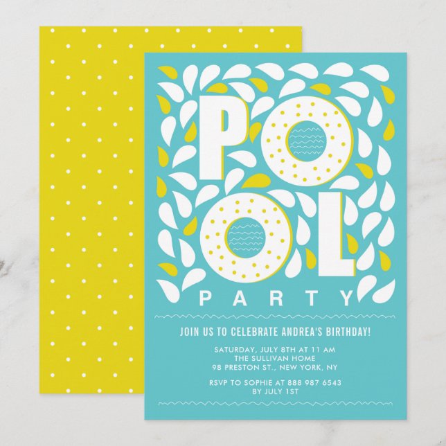 Blue and Yellow Pool Party Splash Birthday Invitation (Front/Back)