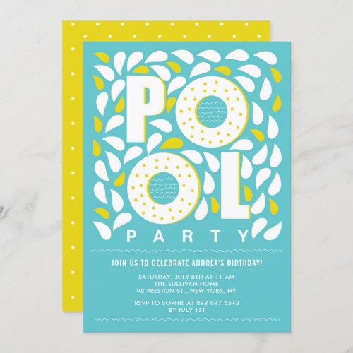 Blue and Yellow Pool Party Splash Birthday Invitation