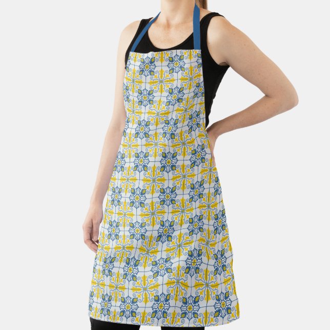 Blue and yellow pretty Portuguese tiles pattern Apron (Insitu)