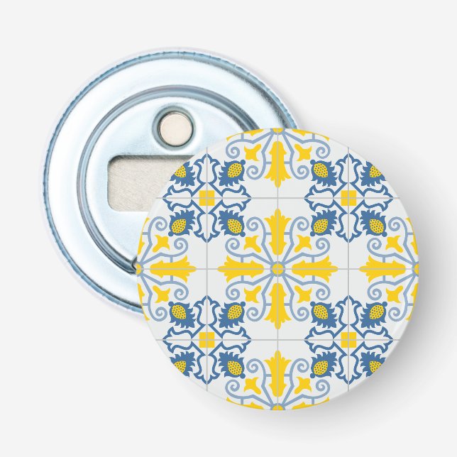 Blue and yellow pretty Portuguese tiles pattern Bottle Opener (Front)
