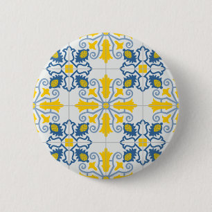 Blue and yellow pretty Portuguese tiles pattern Button