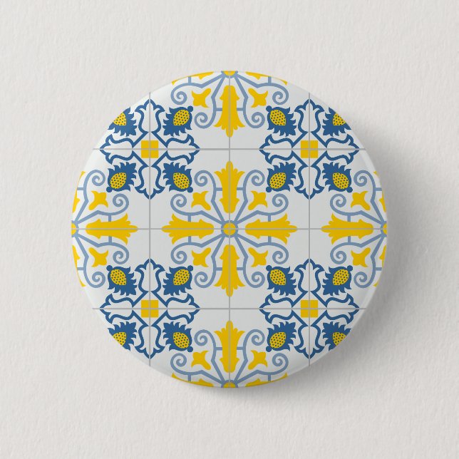 Blue and yellow pretty Portuguese tiles pattern Button (Front)