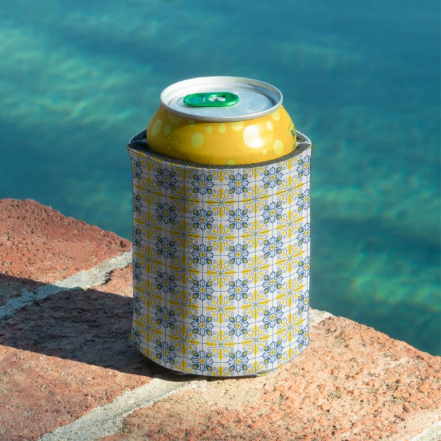 Blue and yellow pretty Portuguese tiles pattern Can Cooler (In Situ Pool)
