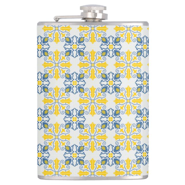 Blue and yellow pretty Portuguese tiles pattern Flask (Front)