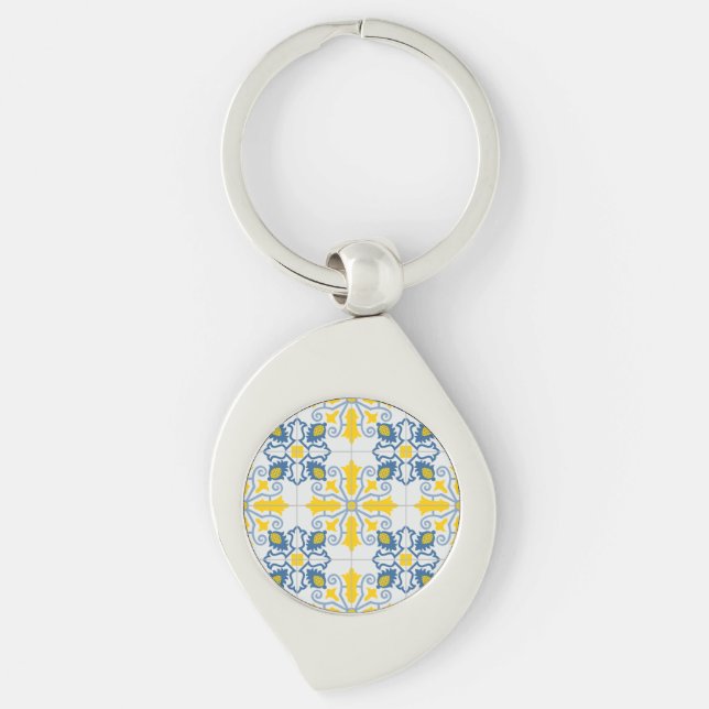 Blue and yellow pretty Portuguese tiles pattern Keychain (Front)