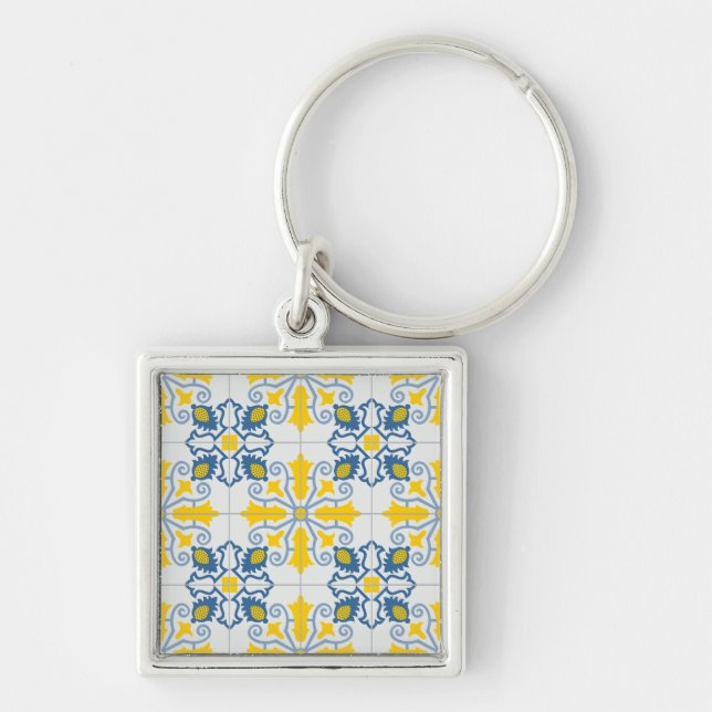 Blue and yellow pretty Portuguese tiles pattern Keychain (Front)