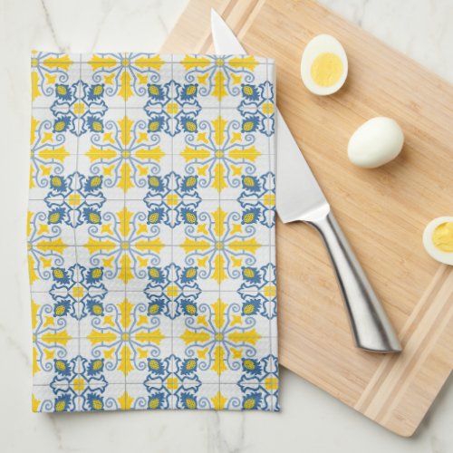 Blue and yellow pretty Portuguese tiles pattern Kitchen Towel