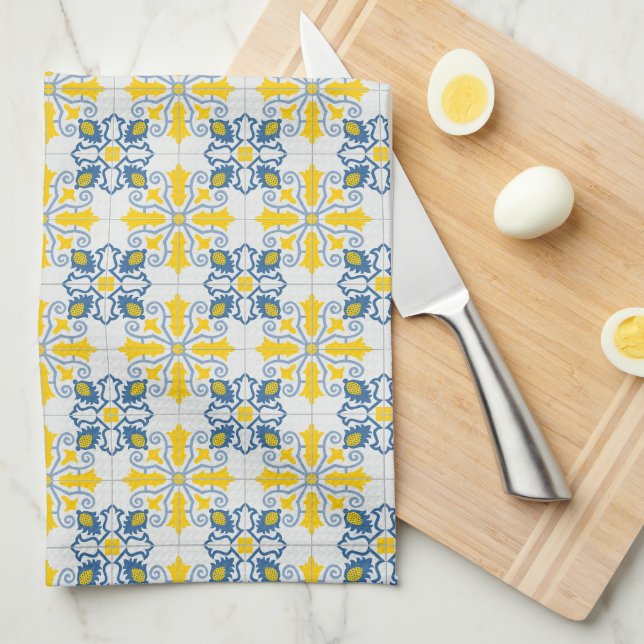 Blue and yellow pretty Portuguese tiles pattern Kitchen Towel (Quarter Fold)