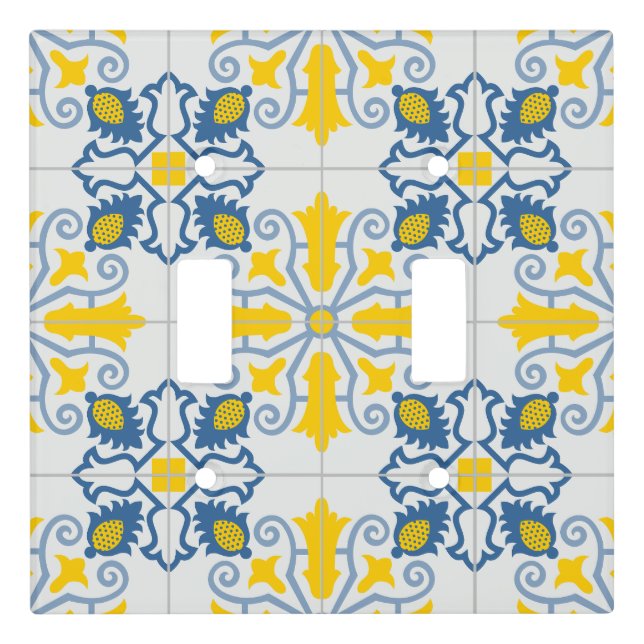 Blue and yellow pretty Portuguese tiles pattern Light Switch Cover (Front)