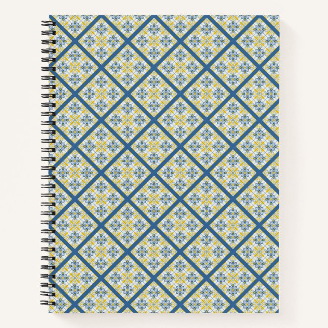 Blue and yellow pretty Portuguese tiles pattern Notebook (Front)