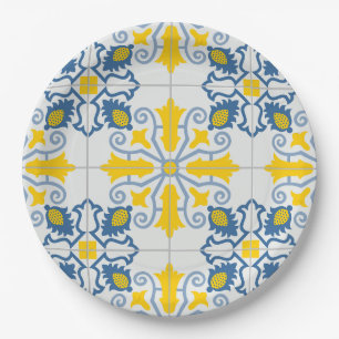 Blue and yellow pretty Portuguese tiles pattern Paper Plates