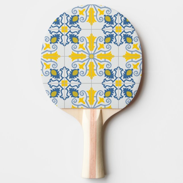 Blue and yellow pretty Portuguese tiles pattern Ping Pong Paddle (Front)