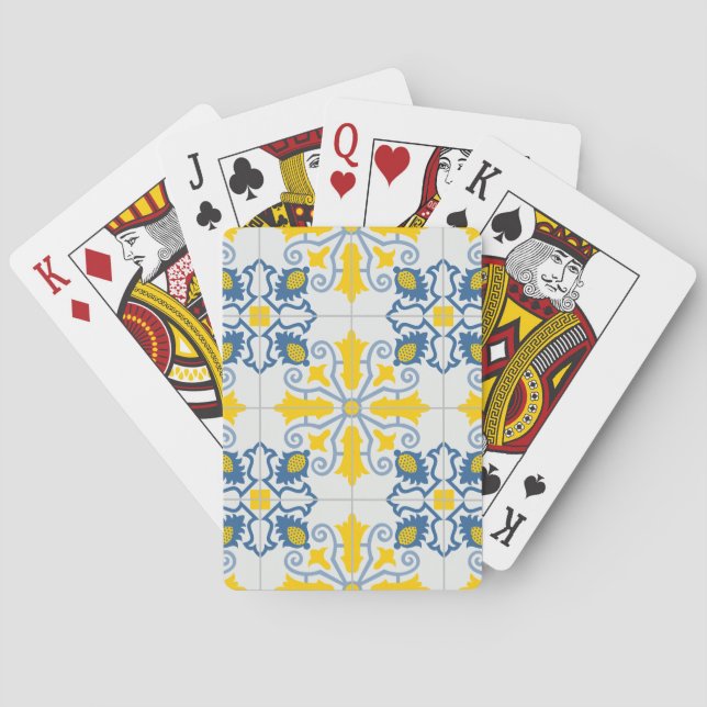 Blue and yellow pretty Portuguese tiles pattern Poker Cards (Back)