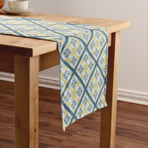 Blue and yellow pretty Portuguese tiles pattern Short Table Runner