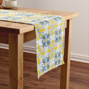 Blue and yellow pretty Portuguese tiles pattern Short Table Runner