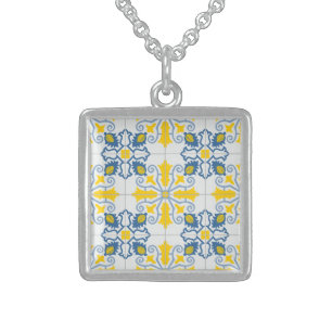 Blue and yellow pretty Portuguese tiles pattern Sterling Silver Necklace