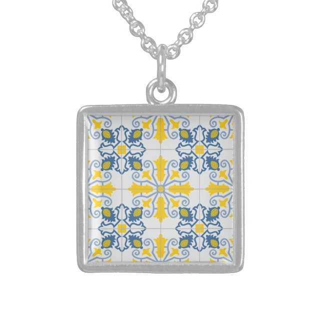 Blue and yellow pretty Portuguese tiles pattern Sterling Silver Necklace (Front)