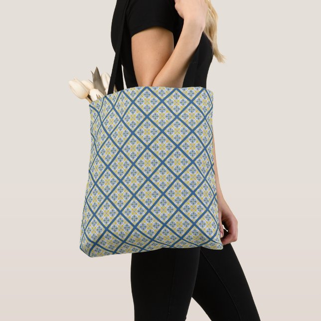 Blue and yellow pretty Portuguese tiles pattern Tote Bag (Close Up)
