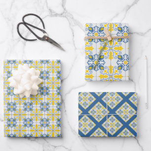 Blue and yellow pretty Portuguese tiles pattern Wrapping Paper Sheets