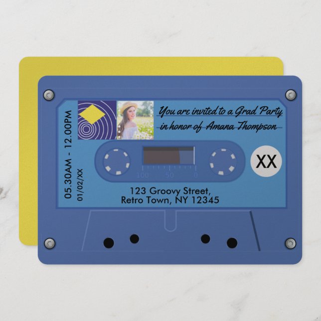 Blue and Yellow Retro Cassette Graduation Party Invitation (Front/Back)