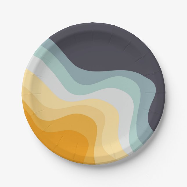 Blue and yellow retro style waves paper plates (Front)
