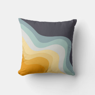 Blue and yellow retro style waves throw pillow