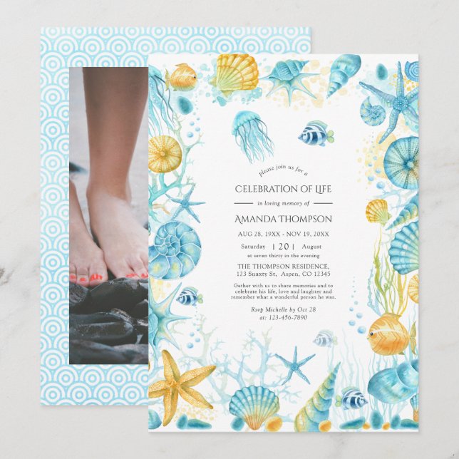 Blue and Yellow Sea Life Celebration of Life Photo Invitation (Front/Back)