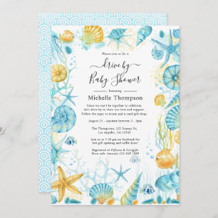 Blue and Yellow Sea Life Drive By Baby Shower Invitation