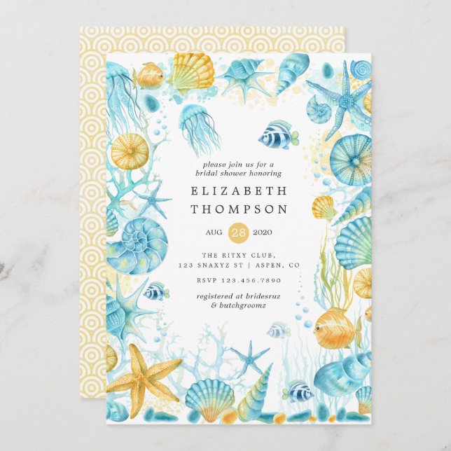 Blue and Yellow Sea Life Nautical Bridal Shower Invitation (Front/Back)
