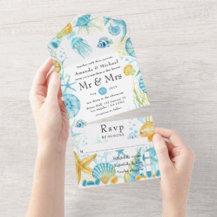 Blue and Yellow Sea Life Nautical Wedding All In One Invitation