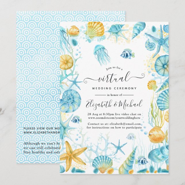 Blue and Yellow Sea Life Online Virtual Wedding Invitation (Front/Back)