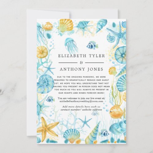 Blue and Yellow Sea Life Reduced Wedding Guests Announcement