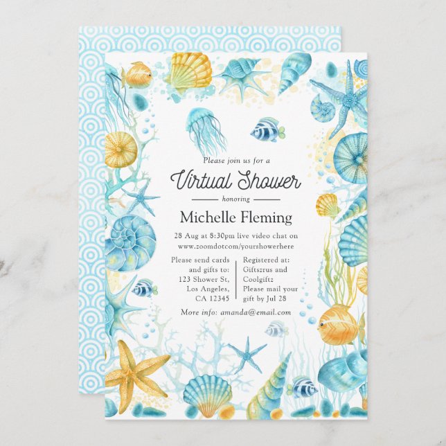 Blue and Yellow Sea Life Virtual Shower Invitation (Front/Back)
