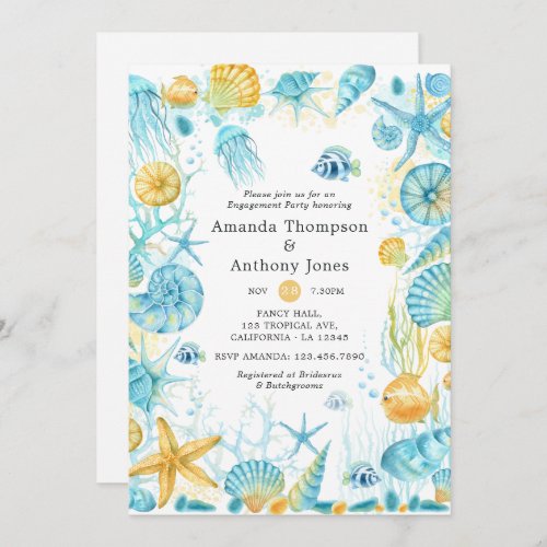 Blue and Yellow Sea Life Wedding Engagement Party Invitation