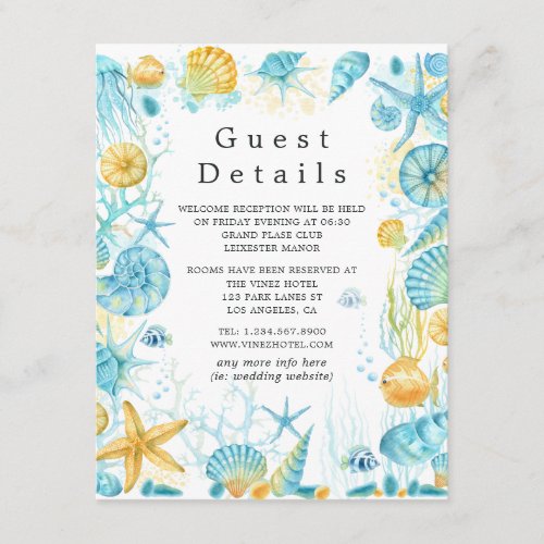 Blue and Yellow Sea Life Wedding Guest Details Enclosure Card