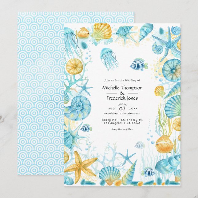 Blue and Yellow Sea Life Wedding Invitation (Front/Back)
