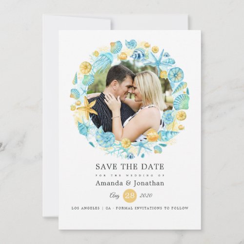 Blue and Yellow Sea Life Wedding Photo Save The Date