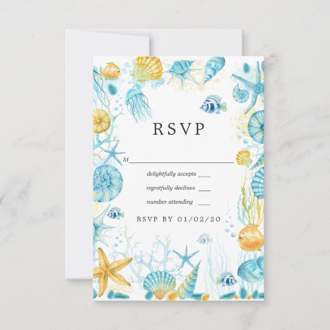 Blue and Yellow Sea Life Wedding RSVP Card (Front)